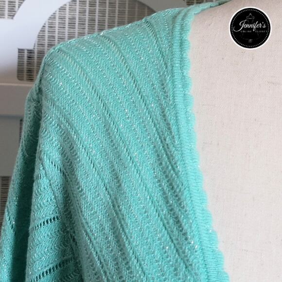 Alfred Dunner Women's Mint Green Silver Threading Chevron Open Cardigan Size XL - Picture 4 of 10